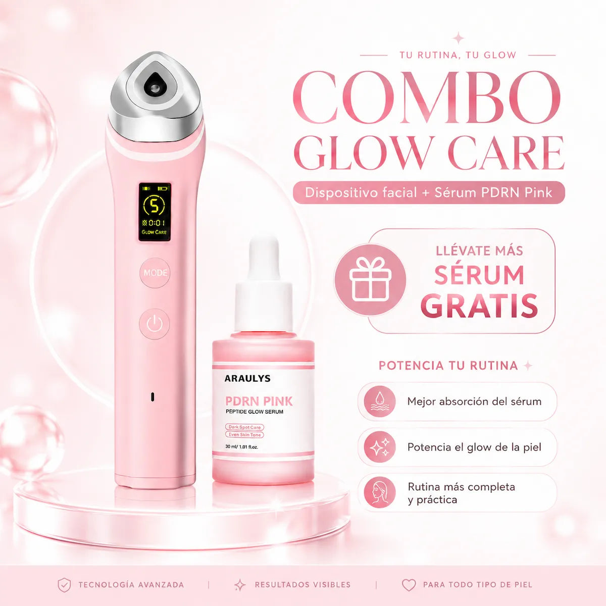 Dispositivo facial K-Glow Pro junto al sérum PDRN incluido como regalo.