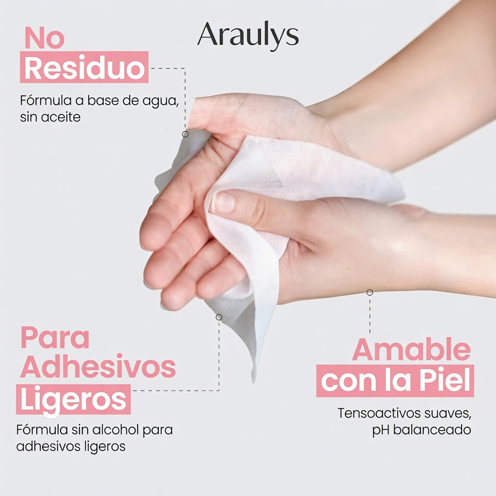 Toallitas Removedoras Araulys · Quita-Adhesivo Suave